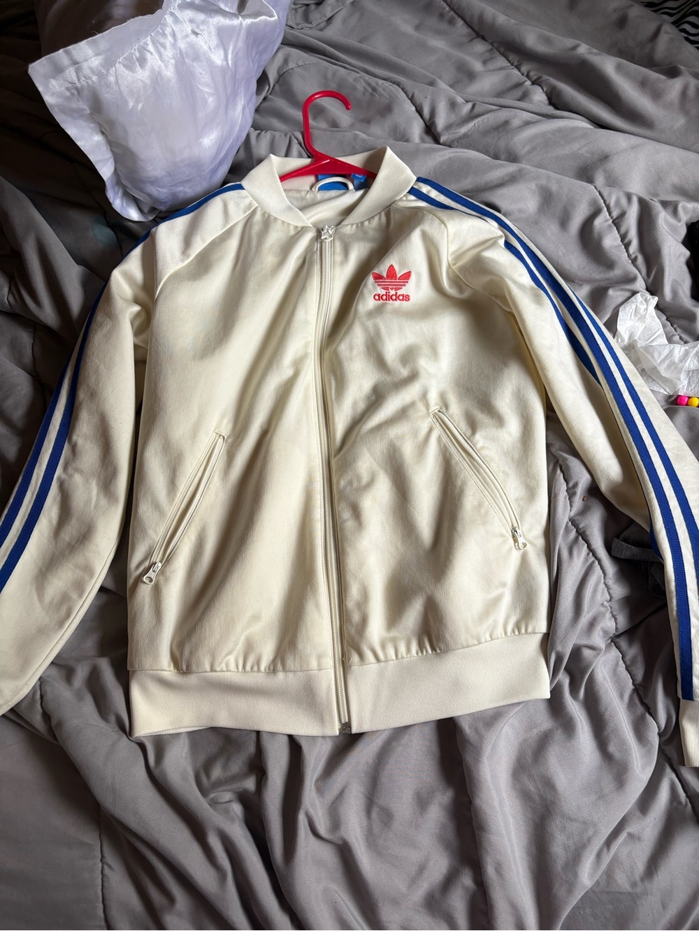 adidas Cream Track Jacket with Blue Stripe Accents and Red Logo